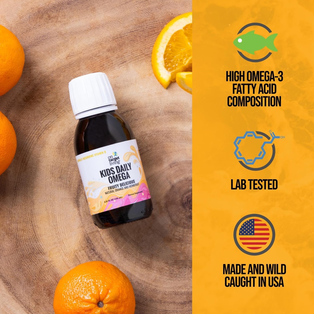 On Target Living Kids Daily Omega- Fruitylicious Flavor 3.33 oz. Silencio Naturalmente Occurring Vitamins A &amp; D  durable Monk Fruit & Orange Flavor  durable Premium Line Caught Cod Liver Oil