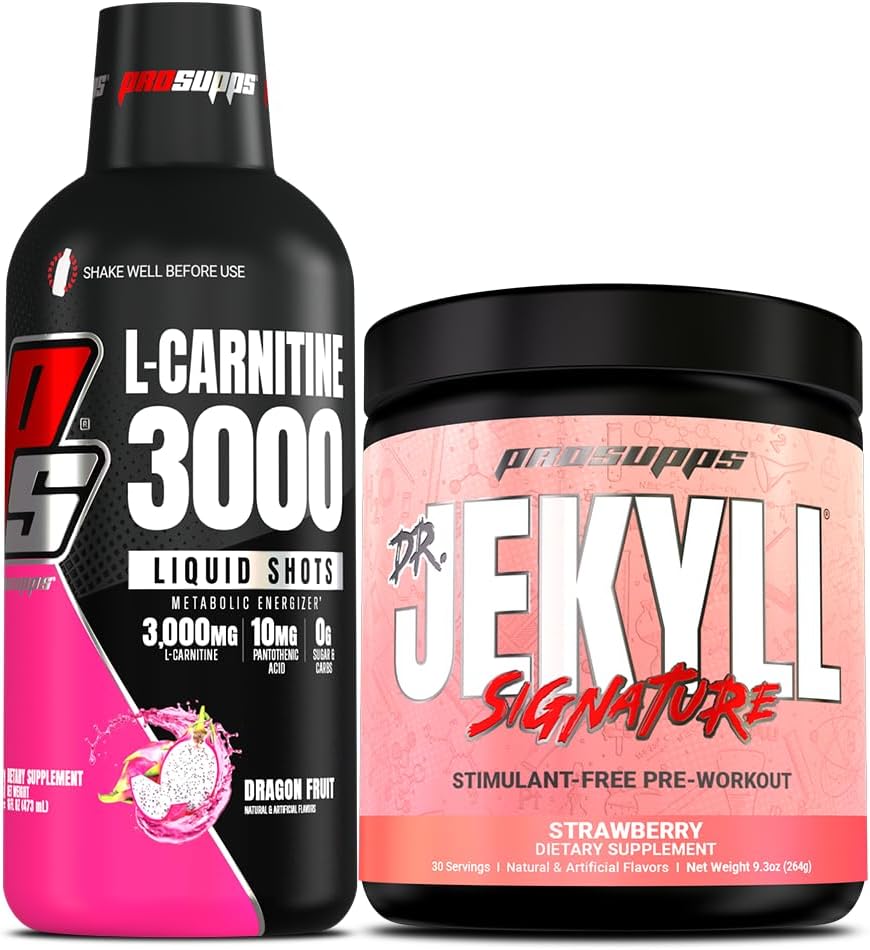 PROSUPPS L-Carnitine 3000 Stimulant Free Liquid Shots (31 Servings, Dragon Fruit) y Mr. Hyde Signature Series Pre-Workout Energy Powdered Drink (30 Servings, Strawberry) Bundle