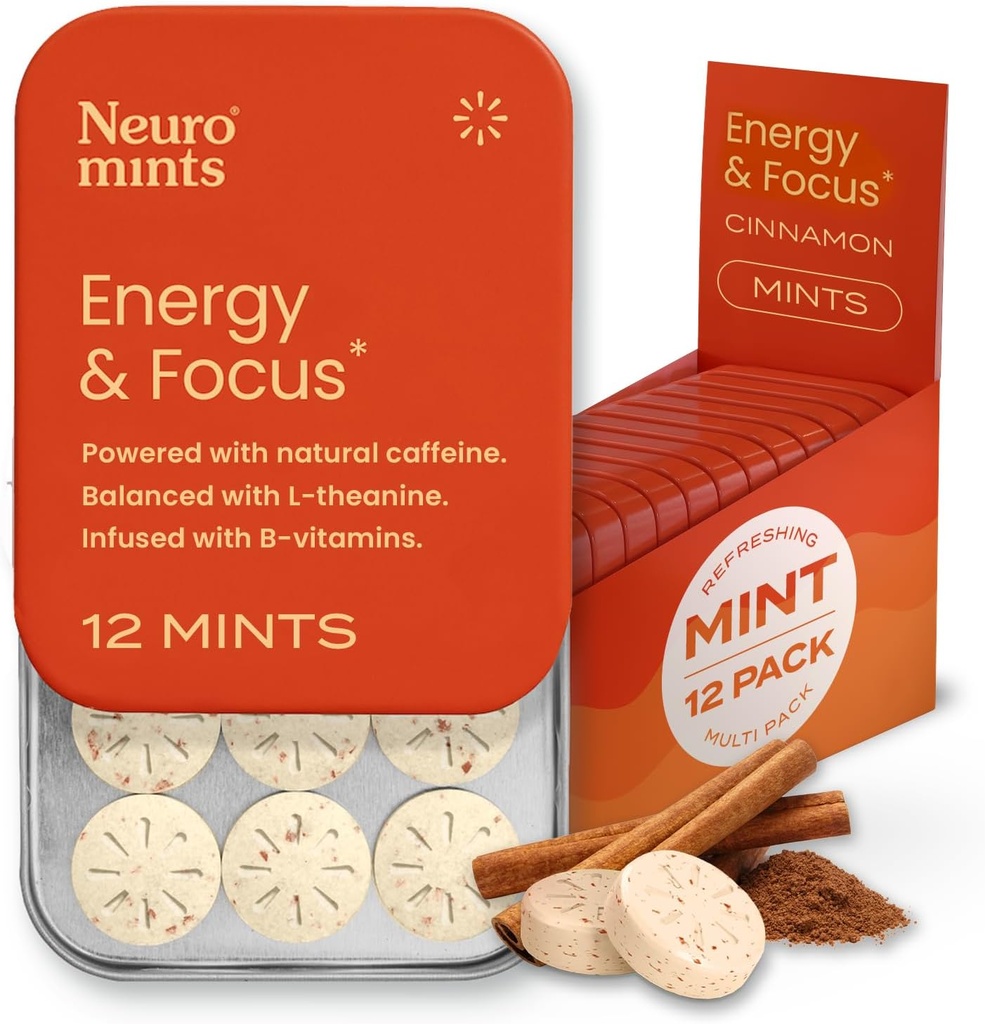 NeuroGum Energy Caffeine Mints (144 piezas) - Azúcar gratis con L-theanine + Caffeine natural + vitamina B12 &amp; B6 - Nootropic Energy & Focus Supplement for Women & Hombre - Keto & Vegan, Cinnamon Flavor