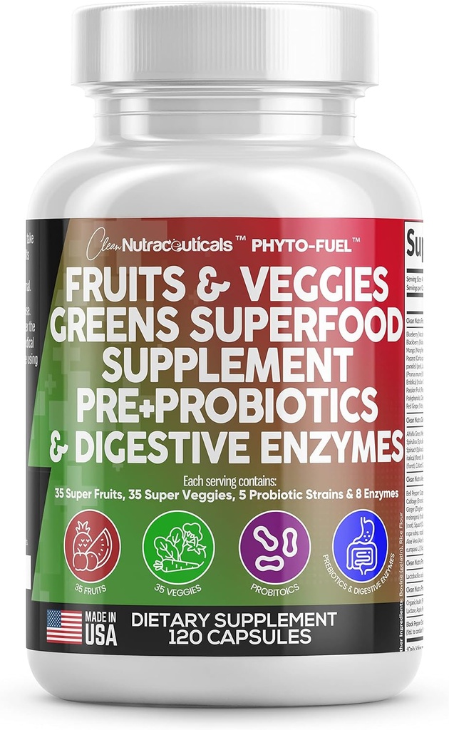 Nutracéuticos limpios Frutas y verduras Suplemento Rojos &amp; Superalimentos Verdes - Saldo de más de 70 Suplementos vegetales de Frutas Cápsulas con Probióticos Prebióticos Enzymes Digestivos - 120 Ct USA