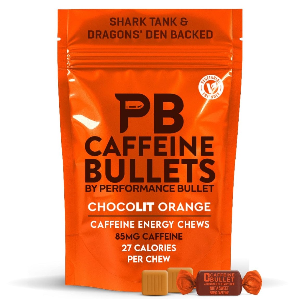 Caffeine Bullet Energy Chews - Chocolate Orange. 40 * 85mg - Faster Kick Than Pills, Gels and Gum. Sport Science for Running, Cycling, Gaming & A Pre Workout Endurance Boost.