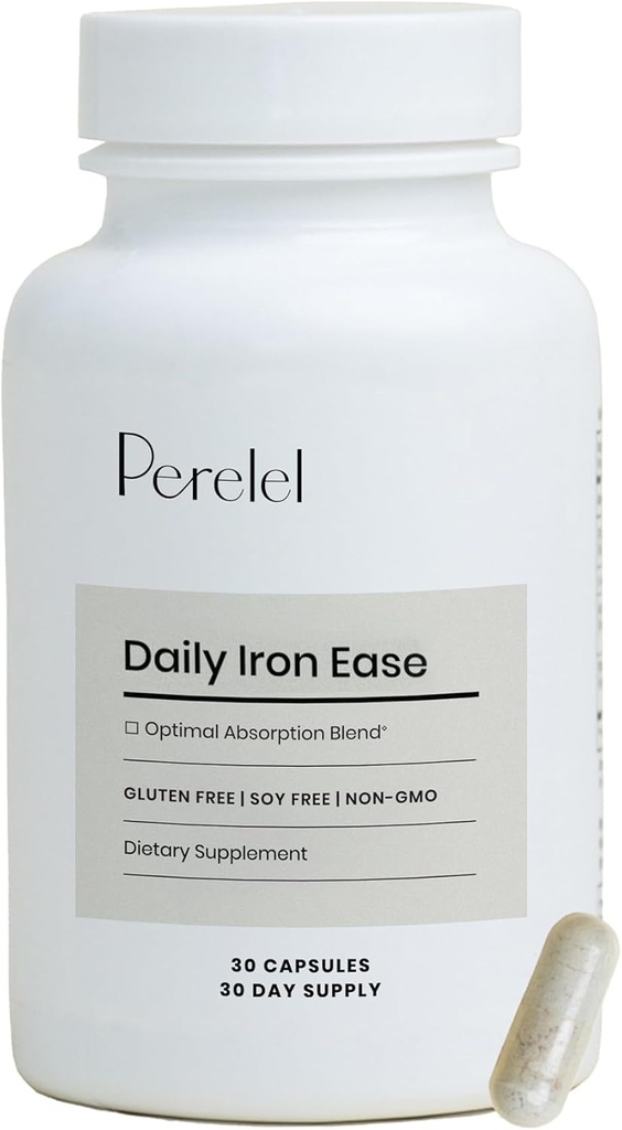 Perelel Daily Iron Ease, 15MG Iron Supplements with Magnesium, Vitamin C, & Vitamin B12 for Nutrient & Energy Support, Capsules for Women and Men, Soy, Dairy & Gluten Free, Non GMO, 30 Pills