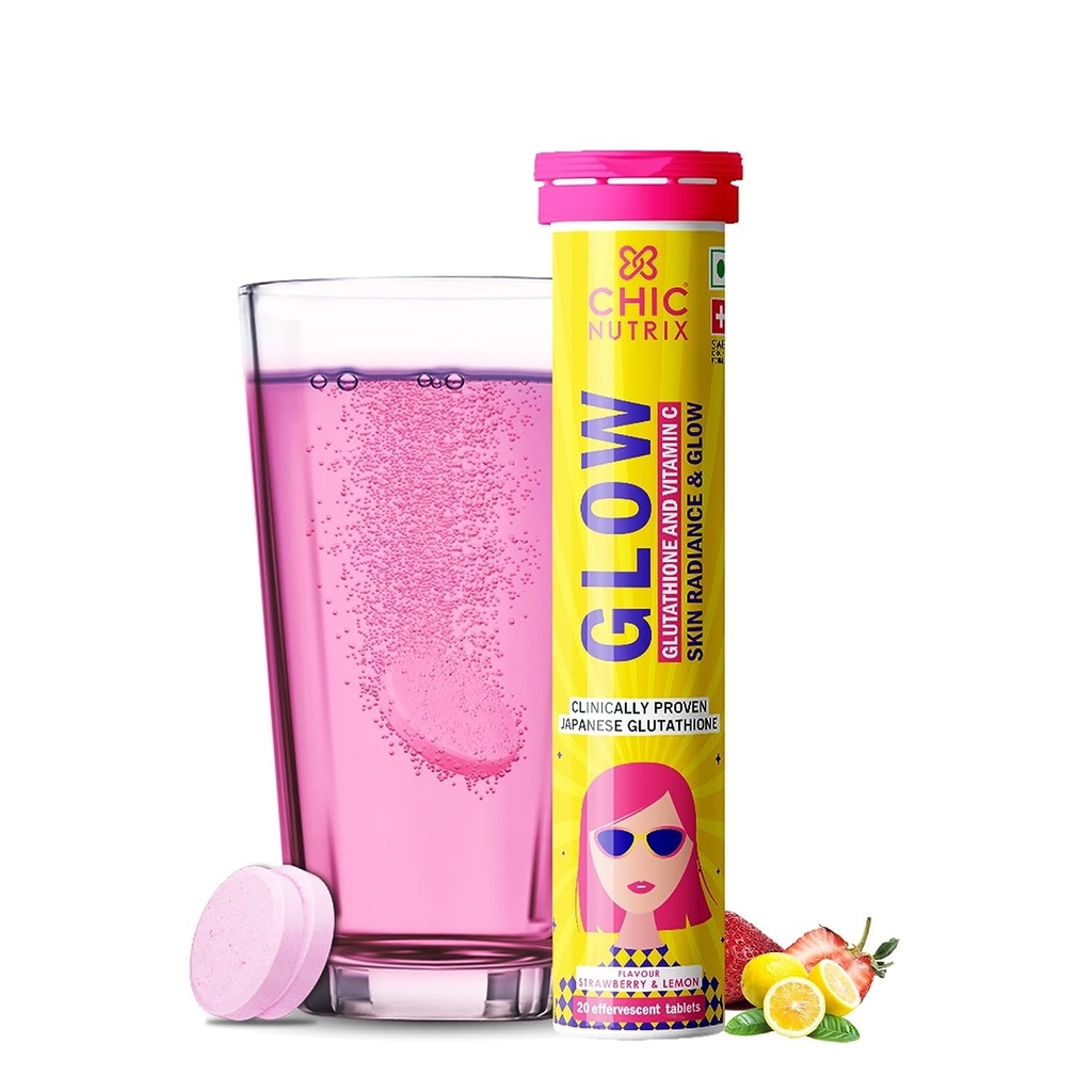 Glow | Japanese Glutathione 500 mg and Vitamin C for Skin Care | Glowing & Radiant Skin - 20 Effervescent Tablets | Strawberry-Lemon Flavour