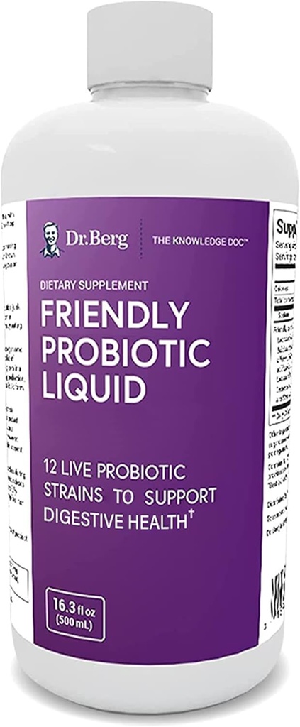 Dr. Berg's Friendly Probiotic Liquid Supplement Drink Mix w/ 12 Live Probiotics Strains " Lactobacillus Acidophilus - Digestive Health, Immune System " Gut Support for Men Women " Kids -1 Month Supply