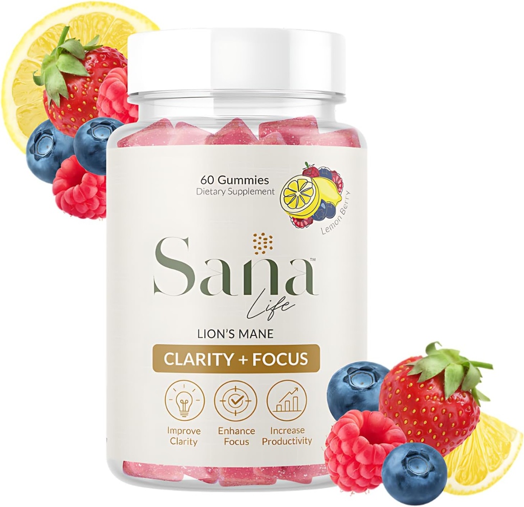 Orgánica del león Mane Mushroom Suplemento Gummies - Daily Brain Health Boost for Clarity, Focus &amp; Productivity - Delicious Lemon Berry Flavor - 30 Servings
