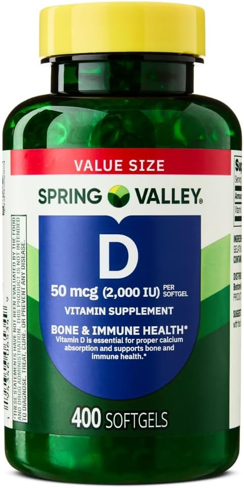 Spring Valley Vitamina D3 Suplemento Softgels, 2000 UI, 400 Cuenta - Nuevo Look