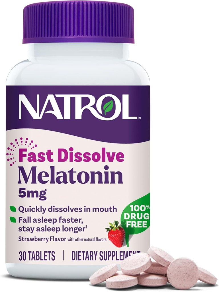 Natrol Fast Dissolve Melatonin 5 mg, Suplementos de Melatonina para el sueño reparador, Apoyo al sueño para adultos, 30 tabletas de sabor a fresa, hasta un suministro de 30 días