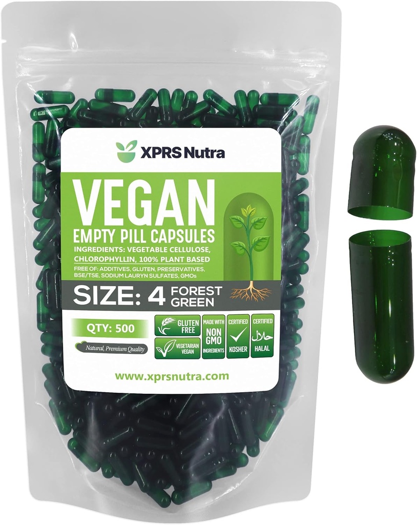 XPRS Nutra Size 4 Empty Capsules - 500 Count Small Empty Vegan Capsules - DIY Vegetable Capsule Filling - Fillable Do-It-Yourself Veggie Pill Caps for Supplements (Forest Green)