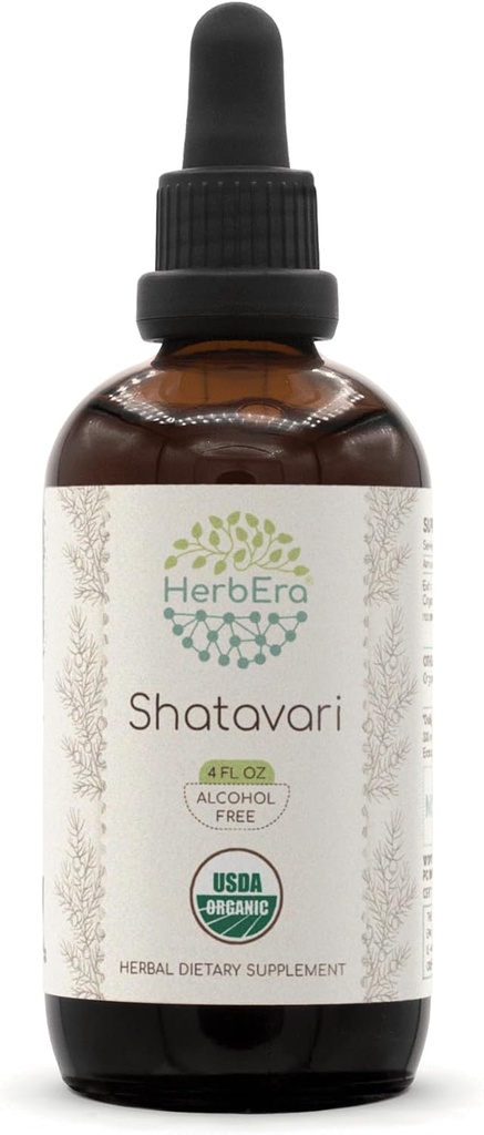 HerbEra Shatavari B120 USDA Organic Tincture ← Extracto libre de alcohol, gotas herbales de alta potencia ← Certified Organic Shatavari (Asparagus racemosus) Root seco (4 oz)