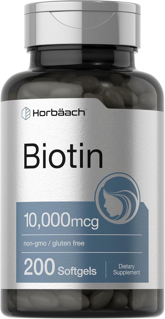 Horbaach Biotin 10000 mcg  200 Softgels ← Vitamina B7 Suplemento Silencio No GMO &amp; Gluten Gratis
