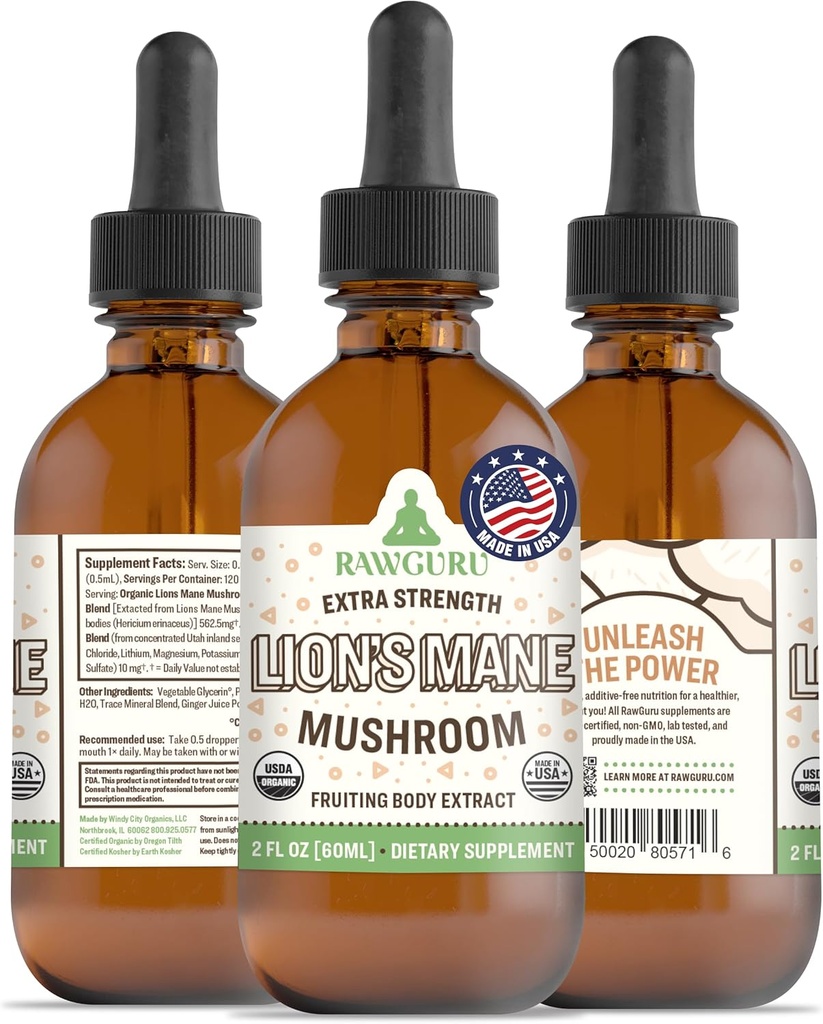 RawGuru Lion's Mane Mushroom Tintura - Mane Mane Extract de Vegan Lion con Trace Minerals - Nano-procesado Inmunity Boost & Cognitive Supplement - 120 Servings of Vegan Drops per 60 ml, Pack de 1
