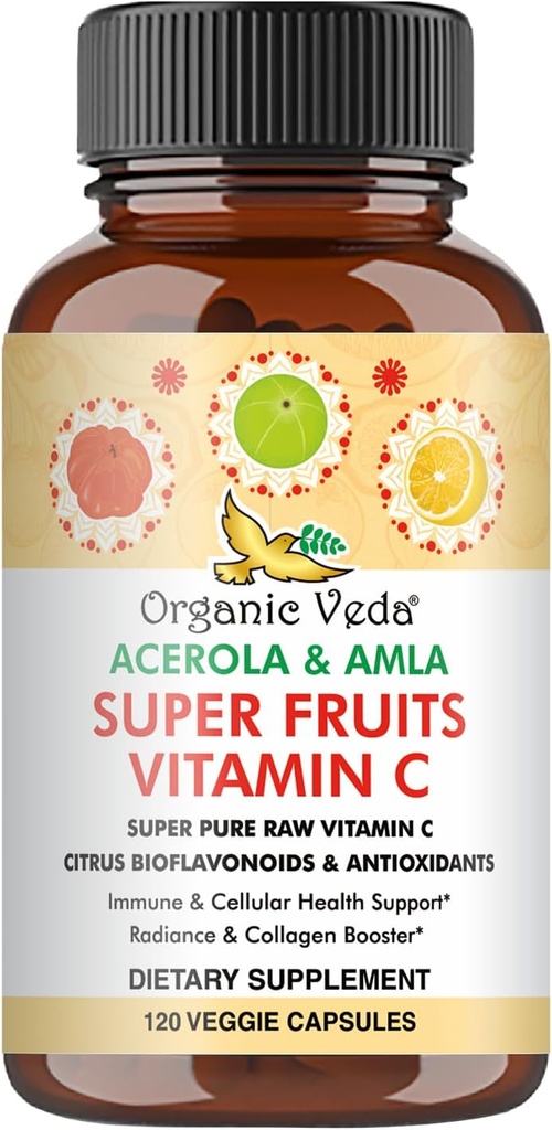 Superfruits de Veda Orgánica Vitamina C Capsule con Acerola Cherry &amp; Amla Berry - Alimento completo Vitamina Natural C Suplemento con Citrus Bioflavonoides para la Inmunidad, Celular &amp; Salud de la Pills - 120 Píldoras Veganas
