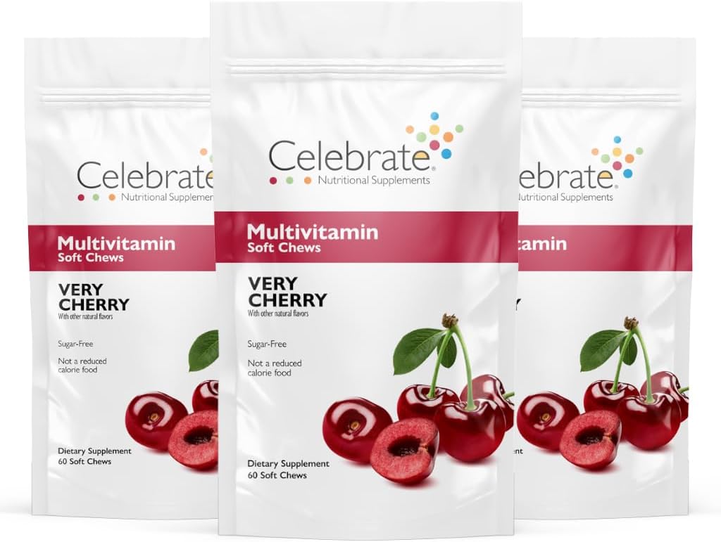 Celebrar vitaminas Bariatric Multivitamínicos Cerdos blandos - Vitaminas esenciales " Minerales, azúcar " Gluten Gratis - Gastric Bypass " Sleeve Gastrectomy Suplemento - Cereza (180ct)