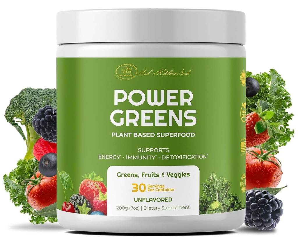 Red's Kitchen Sink Power Greens Powder - Daily Greens Superfood Powder - Fruity, Veggie, & Green Leafy Smoothie Drink Mix - Superfoods Maca Root, Spirulina, Chlorella, " Más (200 gramos)