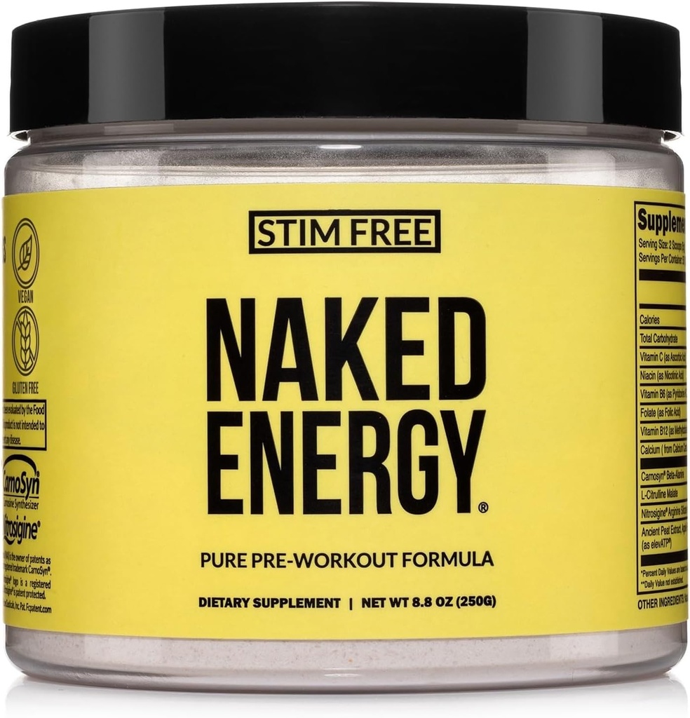 NAKED Energy – Estim Free Pre Workout Caffeine Free, para Hombres y Mujeres, Vegan Friendly, Sin Dulces Artificiales, Colores o Sabores – 50 Servings