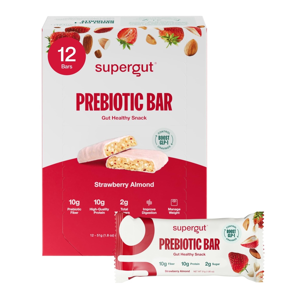 Supergut GLP-1 Boosting Prebiotic Bars, Strawberry Almond - Gut Healthy Protein Snacks &amp; Breakfast Bares - Keto-Friendly Meal Replacement Energy Bares for Gut Health (12 Conde)