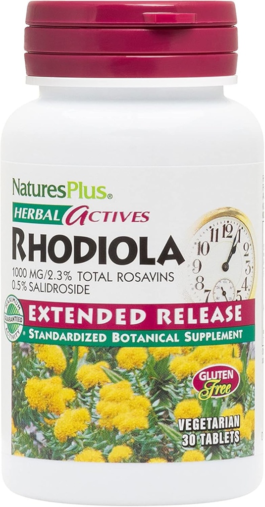 Natures Plus Rhodiola, Extended Release - 1000 mg, 30 Vegan Tablets - Herbal Supplement for Energy, Focus &amp; Stress Relief - Vegetarian, Gluten-Free - 30 Servings