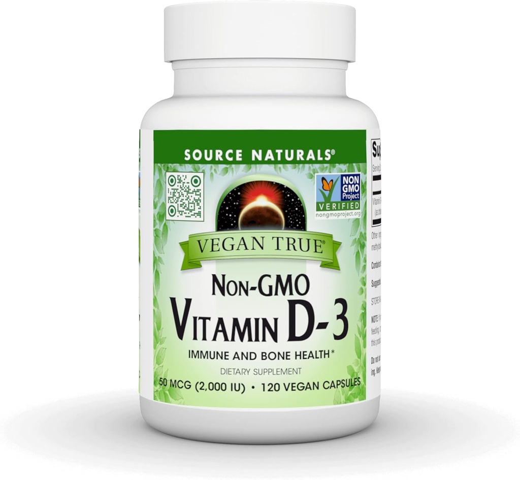 Fuente Naturales Vegan True, No GMO Vitamina D-3, Suplemento dietético para la salud de los inmunes y los huesos*, 2.000 UI - 90 cápsulas