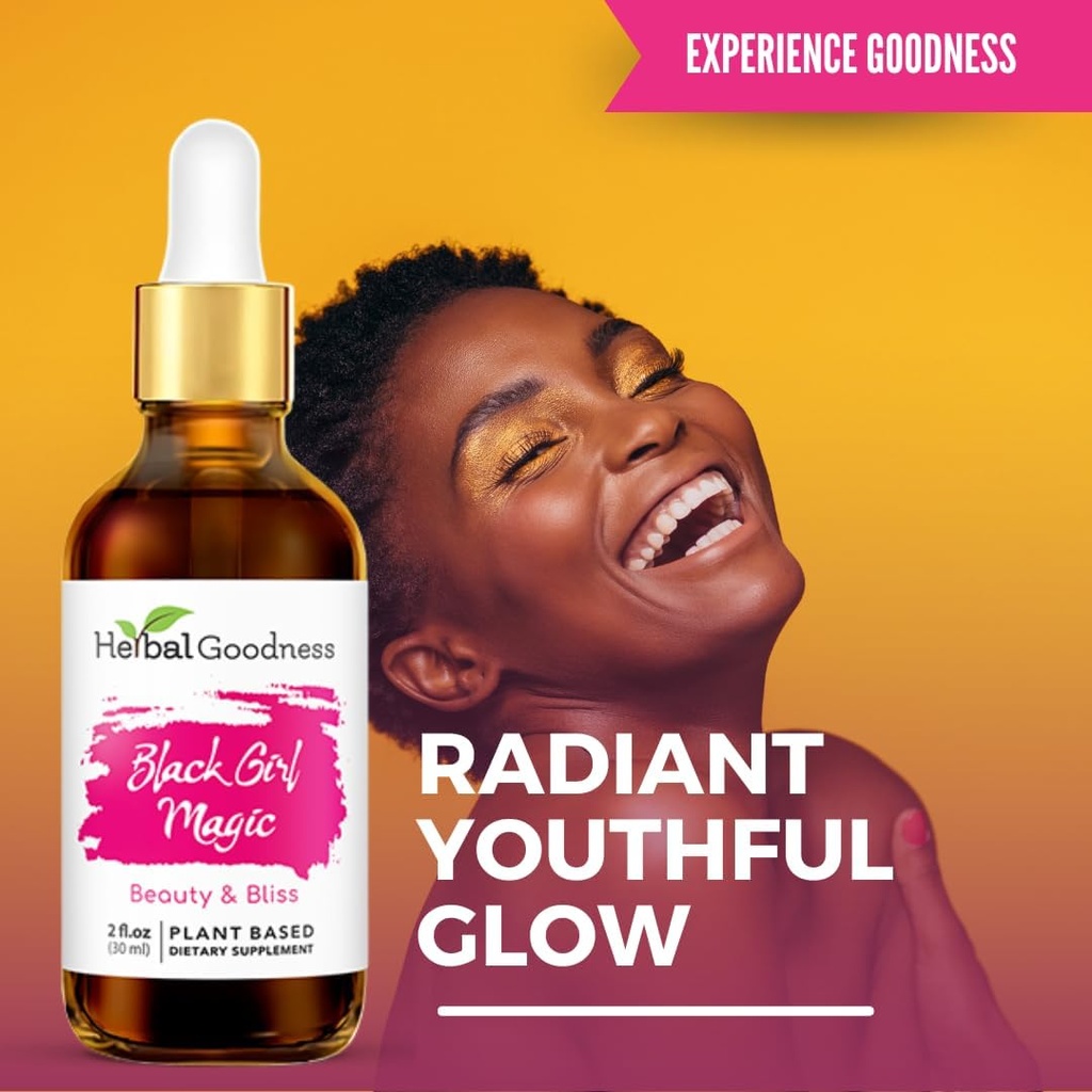 Herbal Goodness Black Girl Magic - Suplementos de piel para mujeres, soporte de belleza de la piel radiante, alimentos esenciales de la piel, suplementos de Ashwagandha - 1 botella (2 fl oz)