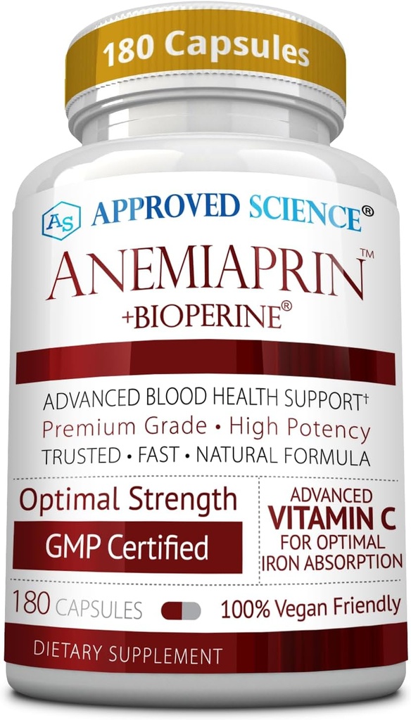 Anemiaprin de ciencias aprobadas - Hierro Absorbable, Vitamina C - Gentle On Stomach - 180 cápsulas - 3 meses de suministro - No GMO, Vegan