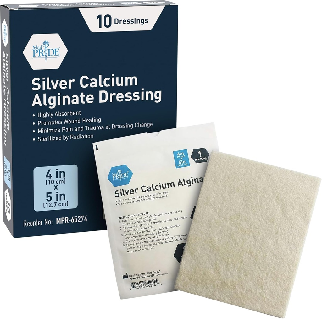 MED PRIDE Silver Calcium Alginate Wound Dressing, 10-Pack presion Highly Absorbent, Nonstick, Seaweed, Easy Removal (4' x 5'' Silver)