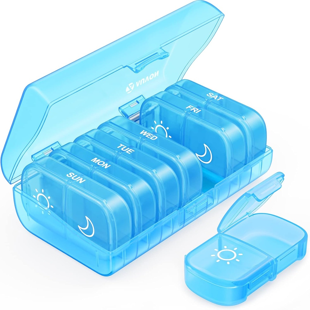 AUVON XL Organizador semanal de píldoras 2 veces al día, caja de píldoras 7 día con aperturas únicas para fácil de usar, caja de píldoras Blue AM PM para medicamentos, vitaminas, aceites de pescado, suplementos