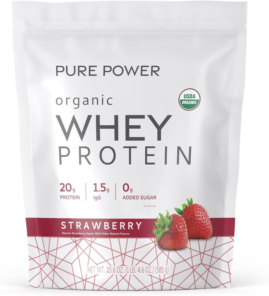 Dr. Mercola Pure Power Organic Whey Protein - 20 g Protein - Apoya el Crecimiento del Musculo & Energy - Grass-Fed Whey Concentrate - 15 Servings (20.60 oz) - Strawberry