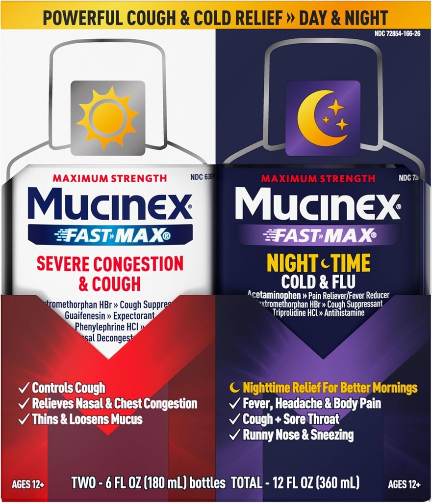 Mucinex Fast-Max &amp; NightShift Combo Pack - Max Strength Cough &amp; Cold Medicines For Mucus Relief, Chest Congestion, Nasal Congestion, Sinus Congestion, Sinus Pressure, Cough Symptom Relief (2x 6 FL OZ)