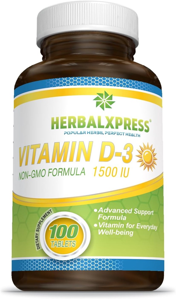 Herbalxpress Vitamina D (como cholecalciferol) 1.500 UI (100 Tablets) es la adición perfecta a un estilo de vida saludable, huesos, dientes, músculos, función inmune y bienestar, no transgénico y libre de gluten.
