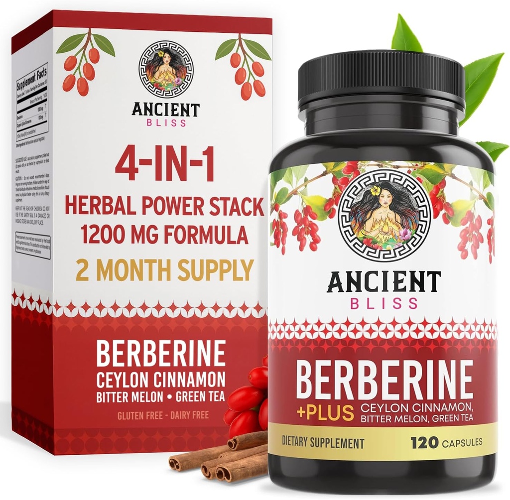 Ancient Bliss Berberine HCL 1200mg with Ceylon Cinnamon, Bitter Melon, and Green Tea Extract - 120 Capsules
