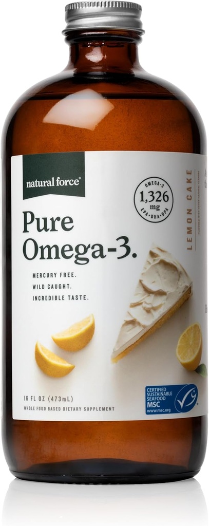 Natural Force Pure Omega 3 - Aceite de pescado líquido - Delicious Lemon Cake Flavor - Mercury Free, Wild Caught, Lab Tested - 1,326 mg Triglyceride EPA, DHA, & DPA - 16 Oz Glass Bottle