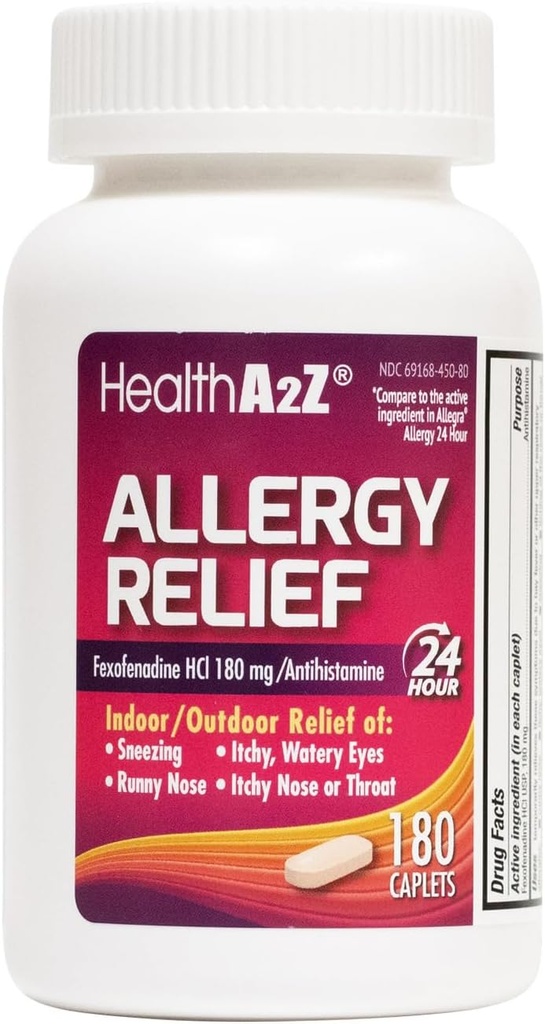 HealthA2Z® Allergy Relief ← Fexofenadine Hydrochloride 180mg TEN 180 Caplets ANTE Antihistamine TEN 24-Hour Antihistamine for Allergy Relief ANTE Indoor/Outdoor Relief