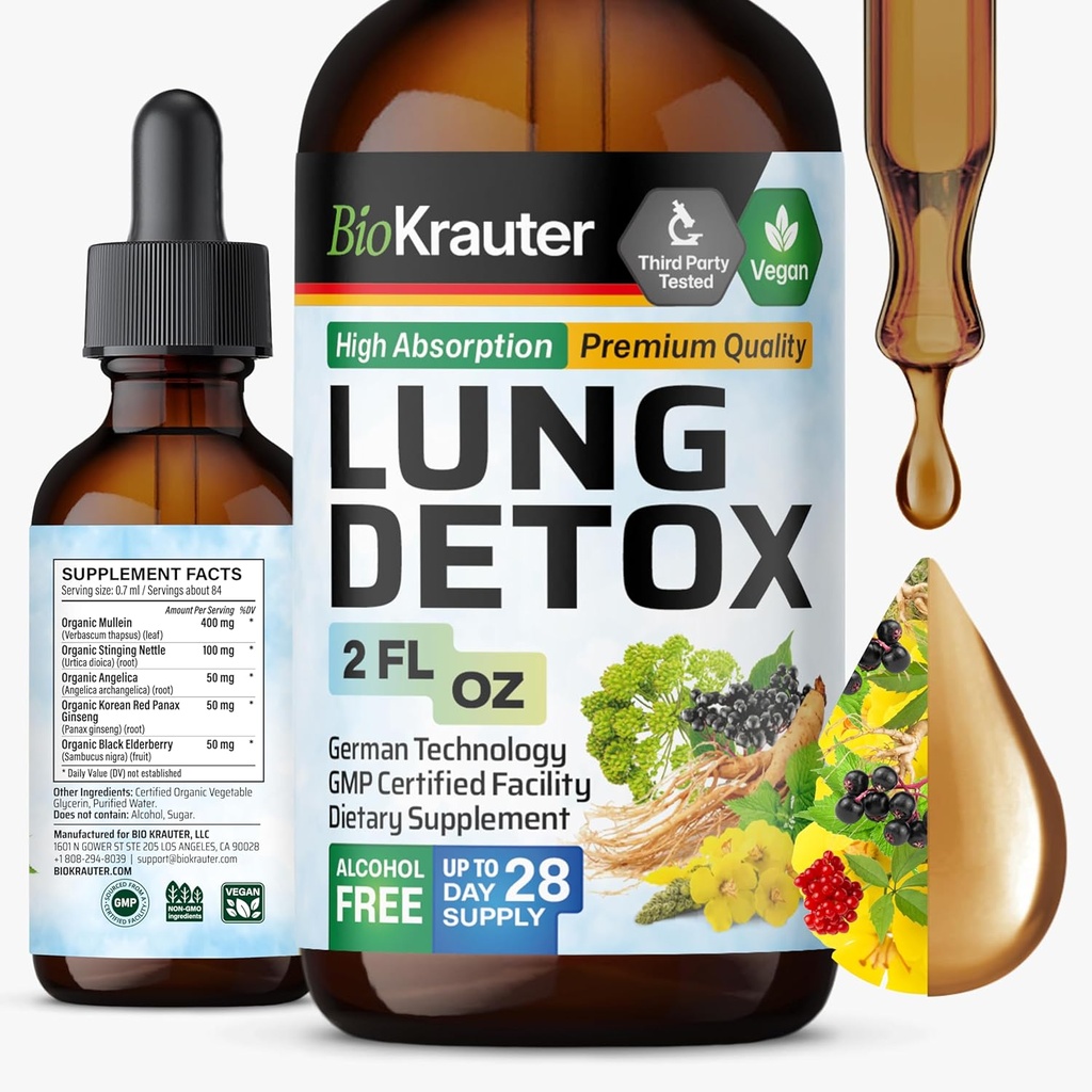 BIO KRAUTER Lung Detox Drops - Pure Vegan Lung Cleanse Liquid Form 2 Fl.Oz 28 Días de suministro - Blend Mullein, Elderberry, Stinging Nettle, Ginseng & Angelica Extracts - Respiratory Support