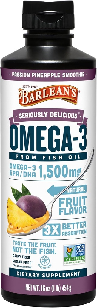 Suplemento líquido de aceite de pescado Omega 3 de Barlean para hombres y mujeres, piña de pasión, 1500 mg EPA y DHA Fatty Acid, 16 oz