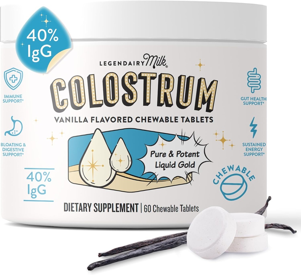 Legendairy Milk Colostrum Suplemento - Premium Bovine Colostrum for Humans - 40% IgG Inmunoglobulin for Immune Support " Gut Health - Energy &amp; Muscle Recovery - Vanilla Chewable Tablets, 30 Servings