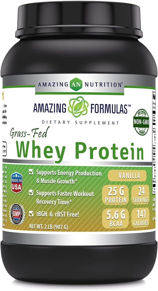 Amazing Fórmulas Grass-Fed Whey Protein Powder Suplemento TENIDO 2 Lbs Silencio Vanilla Flavor ANTE No-GMO ANTE Gluten-Free TEN Made in USA