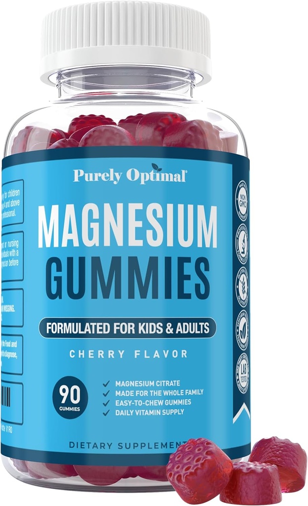 Magnesio puramente óptimo Citrate Gummies for Kids &amp; Adults - Delicious Cherry Flavor - Sleep, Calm &amp; Digestive Support, Relax, Muscle Health - Chewable Magnesium, Gluten-Free, Vegan - 90 Gummies
