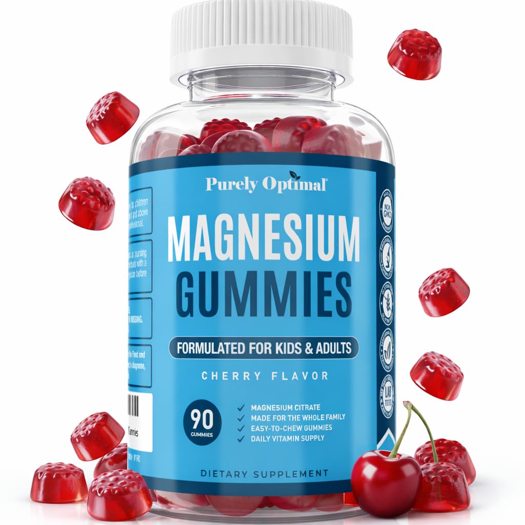 Magnesio puramente óptimo Citrate Gummies for Kids &amp; Adults - Delicious Cherry Flavor - Sleep, Calm &amp; Digestive Support, Relax, Muscle Health - Chewable Magnesium, Gluten-Free, Vegan - 90 Gummies