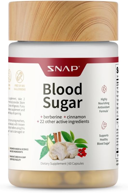 Snap Supplements Blood Sugar Blend with Berberine, CoQ10, Cinnamon, Alpha Lipoic Acid and Gymnema to Support Healthy Blood Sugar, Metabolic Health and Energy, Sugar Free, 60 Capsules