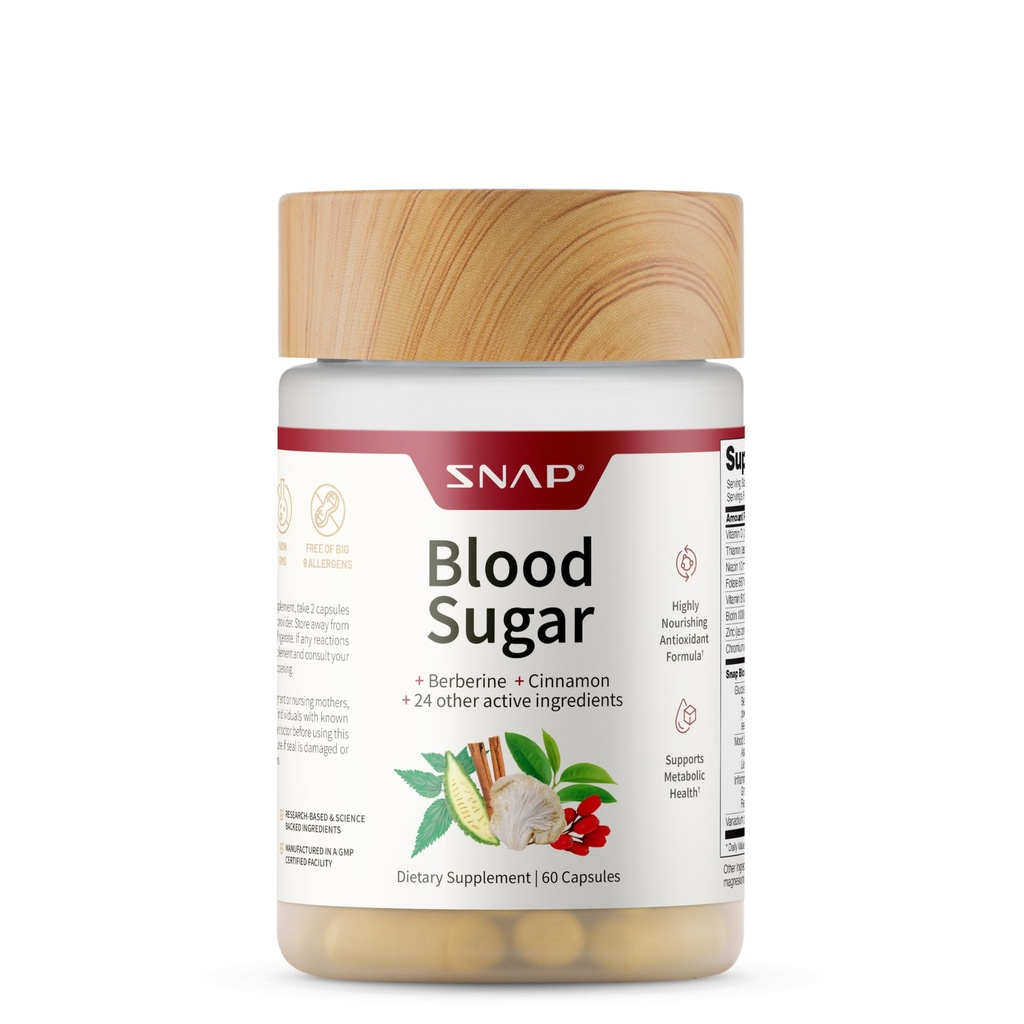 Snap Supplements Blood Sugar Blend with Berberine, CoQ10, Cinnamon, and Gymnema to Support Already Healthy Blood Sugar, Metabolic Health and Energy, Sugar Free, 60 Capsules (Packaging May Vary)