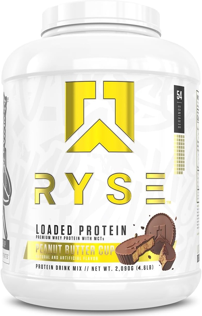 Polvo de proteína cargada RYSE - Copa de mantequilla de maní - 25g Whey Protein Isolate " Concentrate with Prebiotic Fiber " MCTs - Low Carb, Low Sugar, Digestive-Friendly - 54 Servings / 4 lb Tub