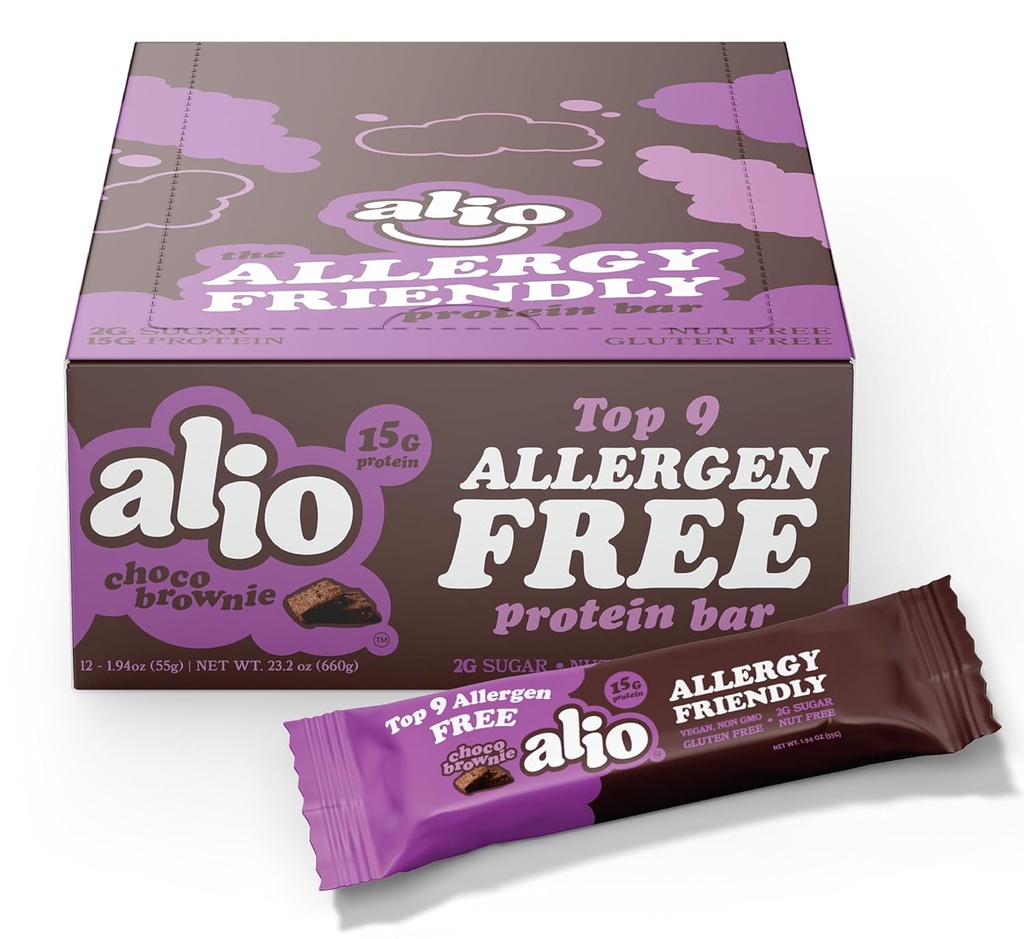 Alio Protein Bares - Choco Brownie (12 Bares) – Libre de los Alérgenos Alimentarios Top 9, Alta Proteína, Bajo Calorie, Vegan, Libre de gluten, Libre de nueces, No GMO, Planta-Basada, Aceite de semillas Gratis, Delicioso &amp; Saludable Snack
