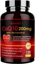 ZEBORA CoQ10-200mg con Trans-Resveratrol, PQQ & Vitamina E - Coenzyme-Q10 de alta absorción con BioPerina - Potencial antioxidante para el corazón & energía-producción,120 cápsulas vegetales