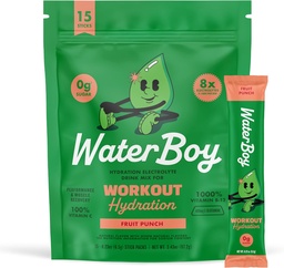 Waterboy Workout Hydration  2,960mg Sugar Free Electrolyte Powder Packets ← L-Glutamine + Vitaminas ← No Sugar, All Natural, Gluten Free ← 15 Drink Stick Mixes (Fruit Punch)