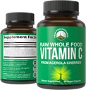 Rendimiento de pico Raw Whole Food Natural Vitamina C Capsules de Acerola Cherry para Max Absorption. Vegan EE.UU. Fuente vitamina C Suplemento 90 píldoras. 500 mg Servir o 2 Servir 1000 mg
