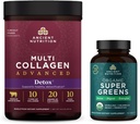 Ancient Nutrition Multi Collagen Advanced Powder Cleanse & Detox, Unflavored, 36 Servings + Organic Super Greens Tablet 90 Count