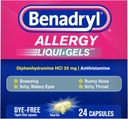 Benadryl Liqui-Gels Allergy Medicine, Dye-Free Líquido Gel capsules con 25 mg de Diphenhydramine HCl Antihistamine para el alivio de la alergia &amp; síntomas fríos como Runny Nose &amp; Sneezing, 24 ct
