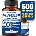Astaxanthin 15mg + Panax Ginseng, Ginkgo Biloba Suplementos, 90 cápsulas veganas, promueve la energía de la salud ocular, soporte cardiovascular + Defensa y enfoque inmunitario