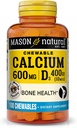 MASON NATURAL Calcio 600 mg con vitamina D3, 100 Day Supply, soporta huesos saludables &amp; función muscular normal, Café Mocha Flavor, 100 Chewables