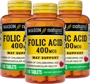 Masón Natural Folic Acid 400 mcg, Suplemento diario de Salud, Mood y Cuidado Prenatal, para Mujeres de Edad Infantil, 100 Tabletas (Pack of 3)